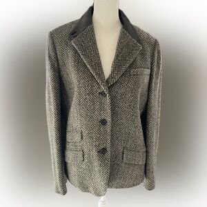 Ralph Lauren Women's Wool Herringbone Blazer with Black Leather Collar